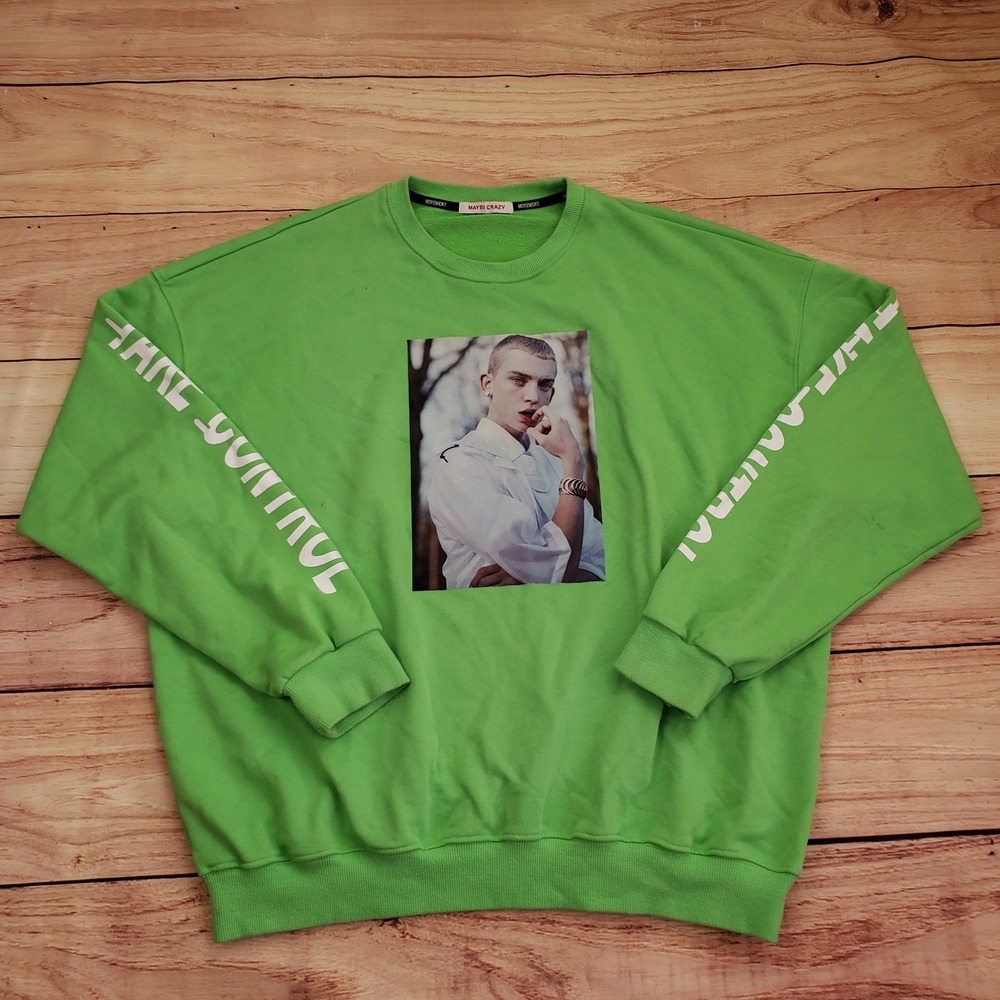 Maybe Crazy‎ Sweatshirt Mens Large Green White Korean Streetwear Fashion Sweater
